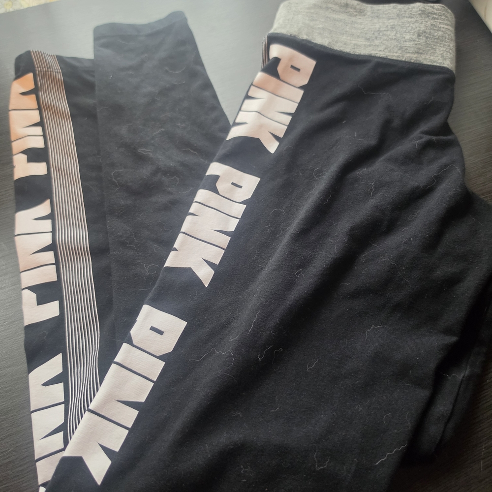 PINK Victoria's Secret Girls' Black Logo Leggings with Gray Waistband